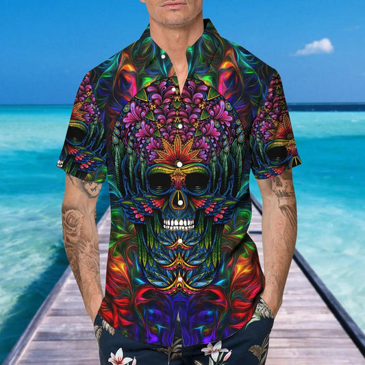 Colorful Skull Art Hawaiian Shirt, Hawaiian Button Up Shirt, Tropical Shirts For Men Moonbestprint