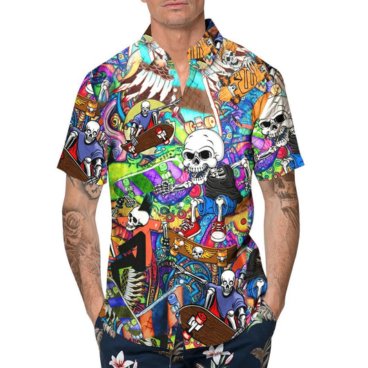 Funny Skateboard Skull Hawaiian Shirt, Hawaiian Button Up Shirt, Tropical Shirts For Men Moonbestprint