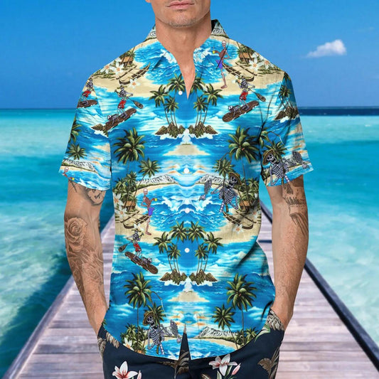 Blue Beach With Coconut Skull Hawaiian Shirt, Hawaiian Button Up Shirt, Tropical Shirts For Men Moonbestprint