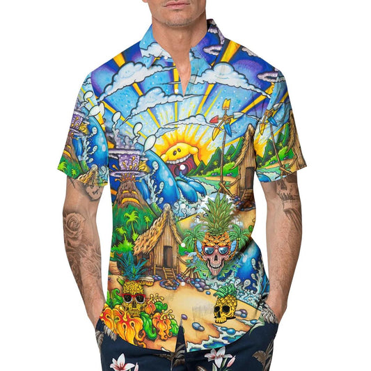 Sunny Village Beach Skull Hawaiian Shirt, Hawaiian Button Up Shirt, Tropical Shirts For Men Moonbestprint