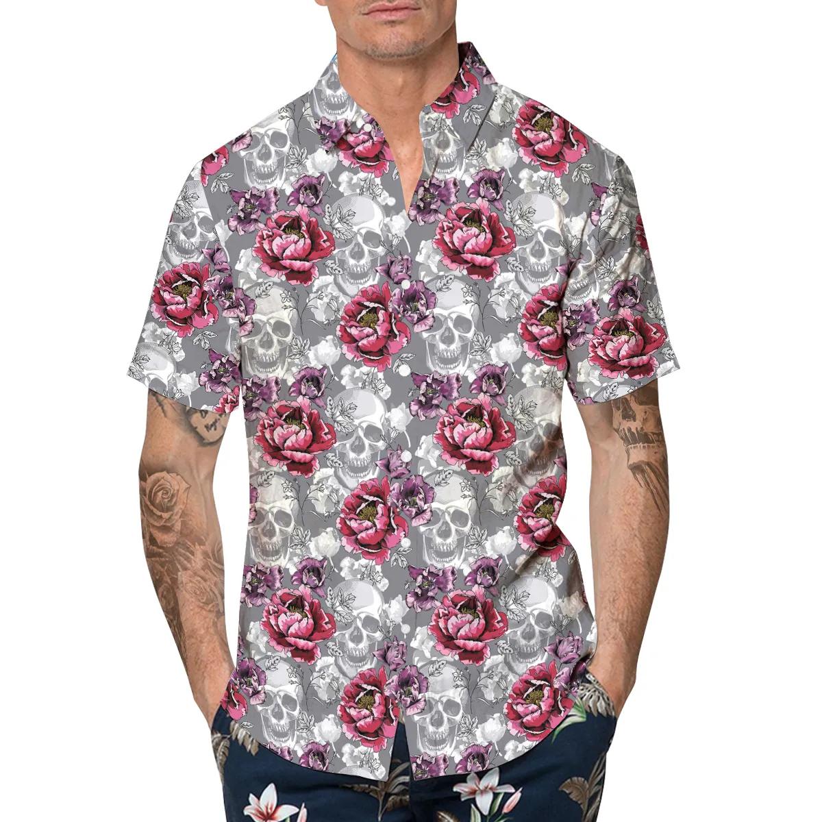 Roses And Grey Skull Hawaiian Shirt, Hawaiian Button Up Shirt, Tropical Shirts For Men Moonbestprint