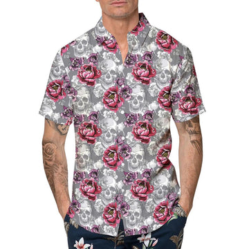 Roses And Grey Skull Hawaiian Shirt, Hawaiian Button Up Shirt, Tropical Shirts For Men Moonbestprint