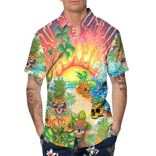 Colorful Pineapple Skull Hawaiian Shirt, Hawaiian Button Up Shirt, Tropical Shirts For Men Moonbestprint