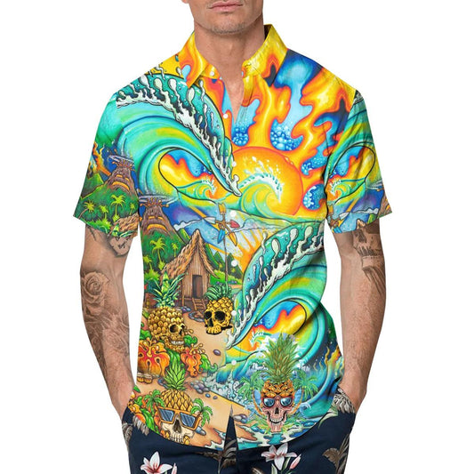 Colorful Skull Village Hawaiian Shirt, Hawaiian Button Up Shirt, Tropical Shirts For Men Moonbestprint