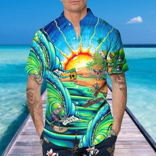Blue Skull Tidal Wave Hawaiian Shirt, Hawaiian Button Up Shirt, Tropical Shirts For Men Moonbestprint