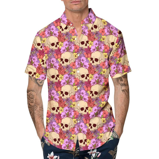 Pink Floral Skull Hawaiian Shirt, Hawaiian Button Up Shirt, Aloha Shirts Moonbestprint