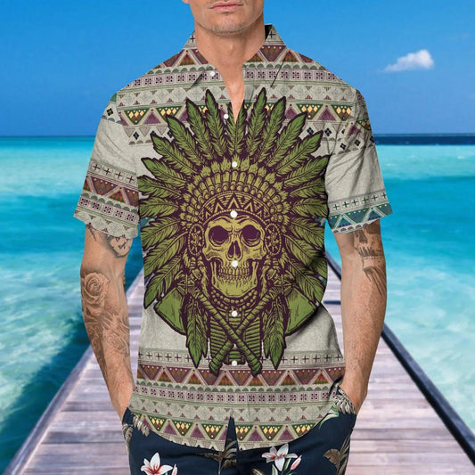 Skull Aboriginal Hawaiian Shirt, Hawaiian Button Up Shirt, Tropical Shirts For Men Moonbestprint