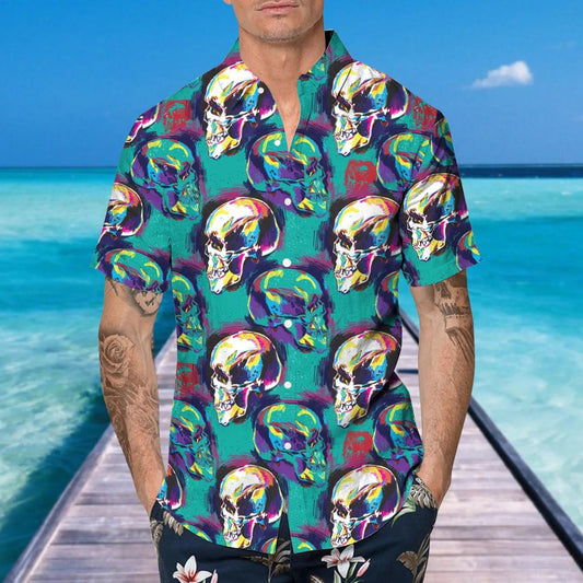 Blue Blurry Skull Art Hawaiian Shirt, Hawaiian Button Up Shirt, Tropical Shirts For Men Moonbestprint