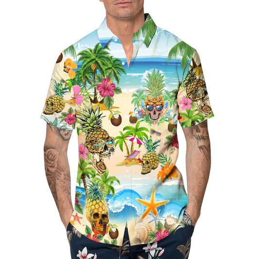 Funny Beach With Pineapple Skull Hawaiian Shirt, Hawaiian Button Up Shirt, Tropical Shirts For Men Moonbestprint