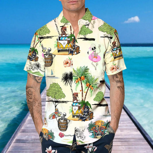 Funny Skull Beach Dancing Hawaiian Shirt, Hawaiian Button Up Shirt, Tropical Shirts For Men Moonbestprint