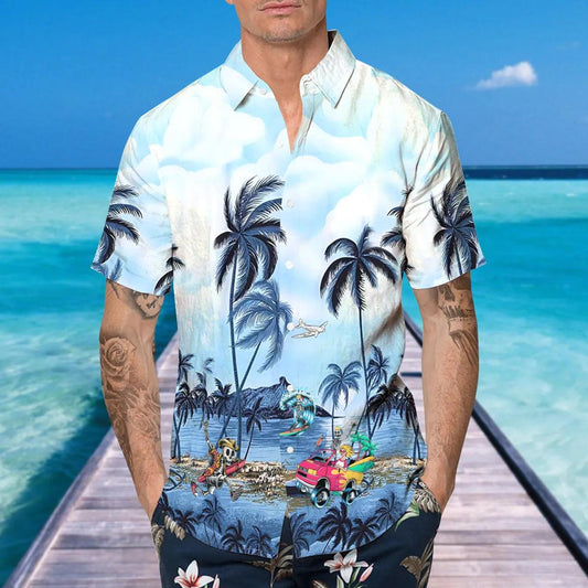 Blue Ocean Coconut Tree Skull Hawaiian Shirt, Hawaiian Button Up Shirt, Tropical Shirts For Men Moonbestprint