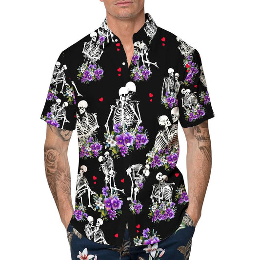 Couple Love Skull Hawaiian Shirt, Hawaiian Button Up Shirt, Tropical Shirts For Men Moonbestprint
