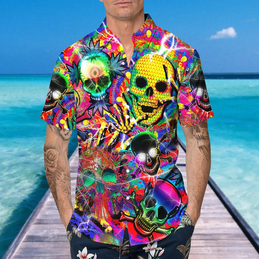 Crazy Neon Skull Hawaiian Shirt, Hawaiian Button Up Shirt, Tropical Shirts For Men Moonbestprint