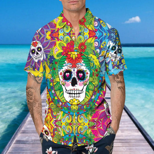 Colorful Sugar Skull Hawaiian Shirt, Hawaiian Button Up Shirt, Tropical Shirts For Men Moonbestprint
