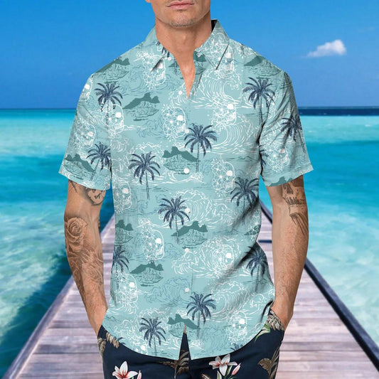 Blue Tropical Skull With Coconut Tree Hawaiian Shirt, Hawaiian Button Up Shirt, Tropical Shirts For Men Moonbestprint