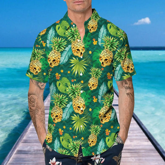 Green Pineapple Skull Tropical Hawaiian Shirt, Hawaiian Button Up Shirt, Tropical Shirts For Men Moonbestprint