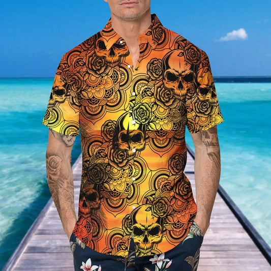 Mandala Roses Skull Hawaiian Shirt, Hawaiian Button Up Shirt, Tropical Shirts For Men Moonbestprint