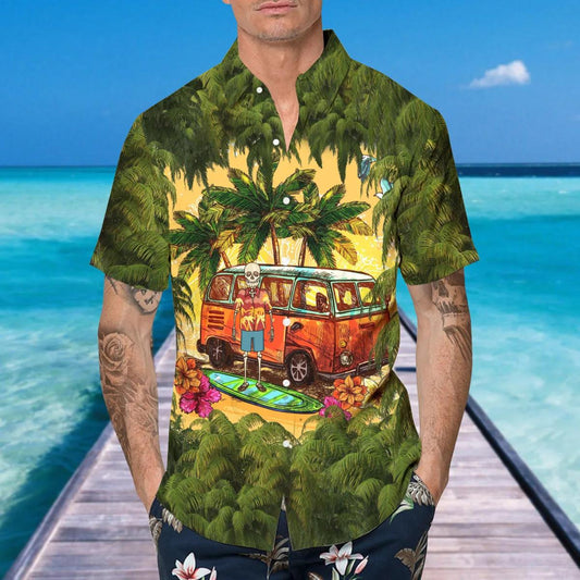 Green Beach And Skull Camper Hawaiian Shirt, Hawaiian Button Up Shirt, Tropical Shirts For Men Moonbestprint