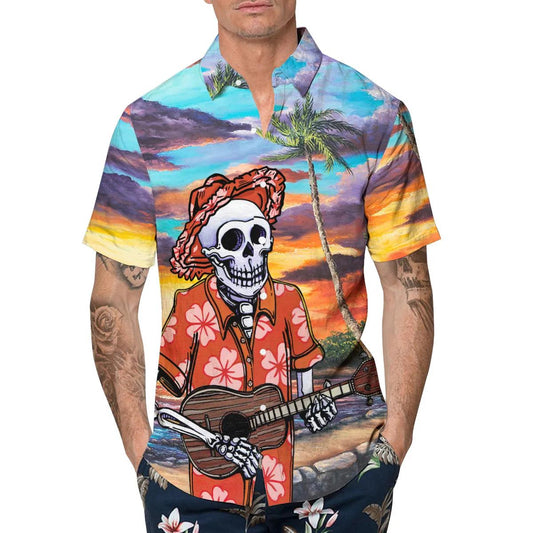 Skull Play Guitar By The Beach Hawaiian Shirt, Hawaiian Button Up Shirt, Aloha Shirts Moonbestprint