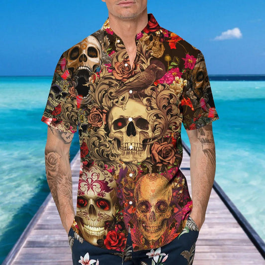 Vintage Flower Skull Hawaiian Shirt, Hawaiian Button Up Shirt, Aloha Shirts Moonbestprint