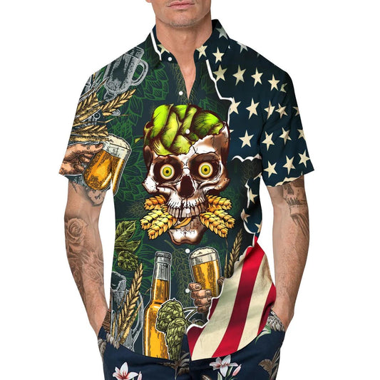 Beer Skull US Flag Hawaiian Shirt, Hawaiian Button Up Shirt, Tropical Shirts For Men Moonbestprint