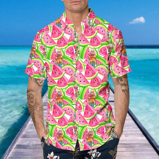 Watermelon With Skull Hawaiian Shirt, Hawaiian Button Up Shirt, Aloha Shirts Moonbestprint