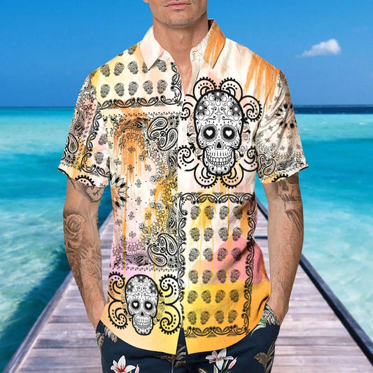 Skull And Mandala Pattern Hawaiian Shirt, Hawaiian Button Up Shirt, Aloha Shirts Moonbestprint