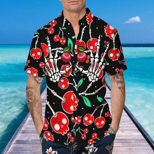 Skull Cherry Black Hawaiian Shirt, Hawaiian Button Up Shirt, Aloha Shirts Moonbestprint