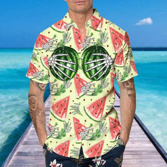 Funny Watermelon Skull Hawaiian Shirt, Hawaiian Button Up Shirt, Tropical Shirts For Men Moonbestprint