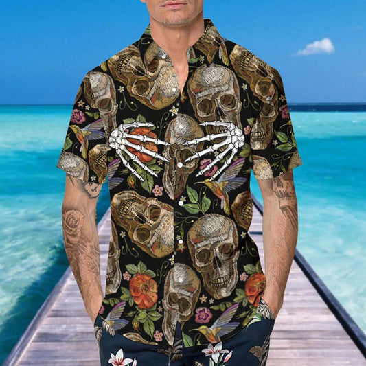 Vintage Floral Skull Hawaiian Shirt, Hawaiian Button Up Shirt, Aloha Shirts Moonbestprint