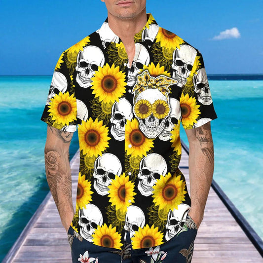 Sunflower Skull Hawaiian Shirt, Hawaiian Button Up Shirt, Tropical Shirts For Men Moonbestprint