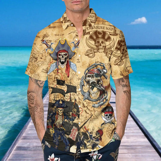 Vintage Pirate Skull Hawaiian Shirt, Hawaiian Button Up Shirt, Aloha Shirts Moonbestprint