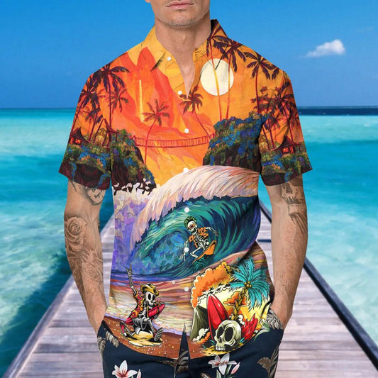 Skull Surfing Dream Land Hawaiian Shirt, Hawaiian Button Up Shirt, Aloha Shirts Moonbestprint