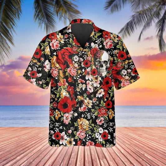 Happy Summer Flowers Grinning Skull Hawaiian Shirt, Hawaiian Button Up Shirt, Tropical Shirts For Men Moonbestprint