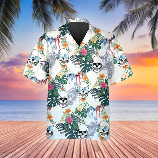 Happy Summer Grinning Skull Hawaiian Shirt, Hawaiian Button Up Shirt, Tropical Shirts For Men Moonbestprint