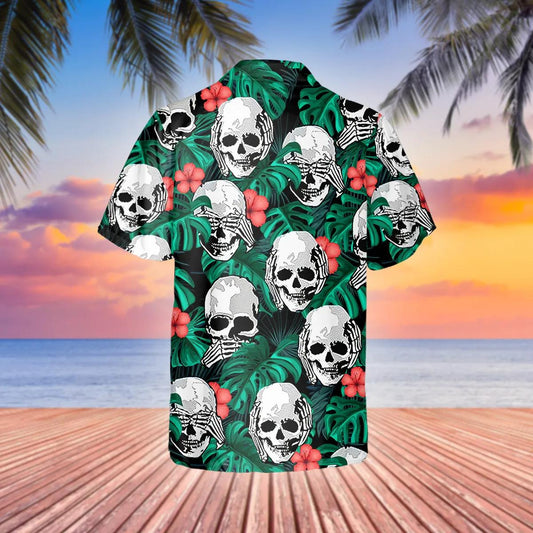 Hear No Evil See No Evil Speak No Evil Mexican Skull Hawaiian Shirt, Hawaiian Button Up Shirt, Tropical Shirts For Men Moonbestprint