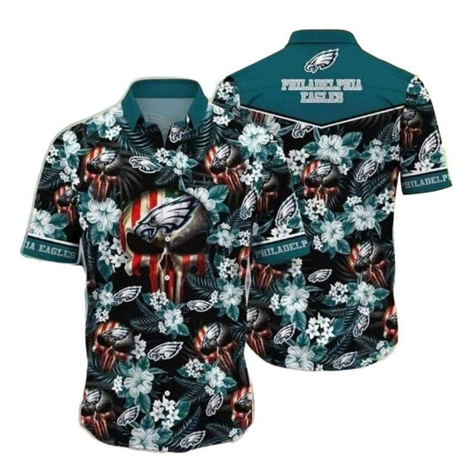 Hibiscus Skull Philadelphia Eagles Tropical Hawaiian Shirt - Moonbestprint