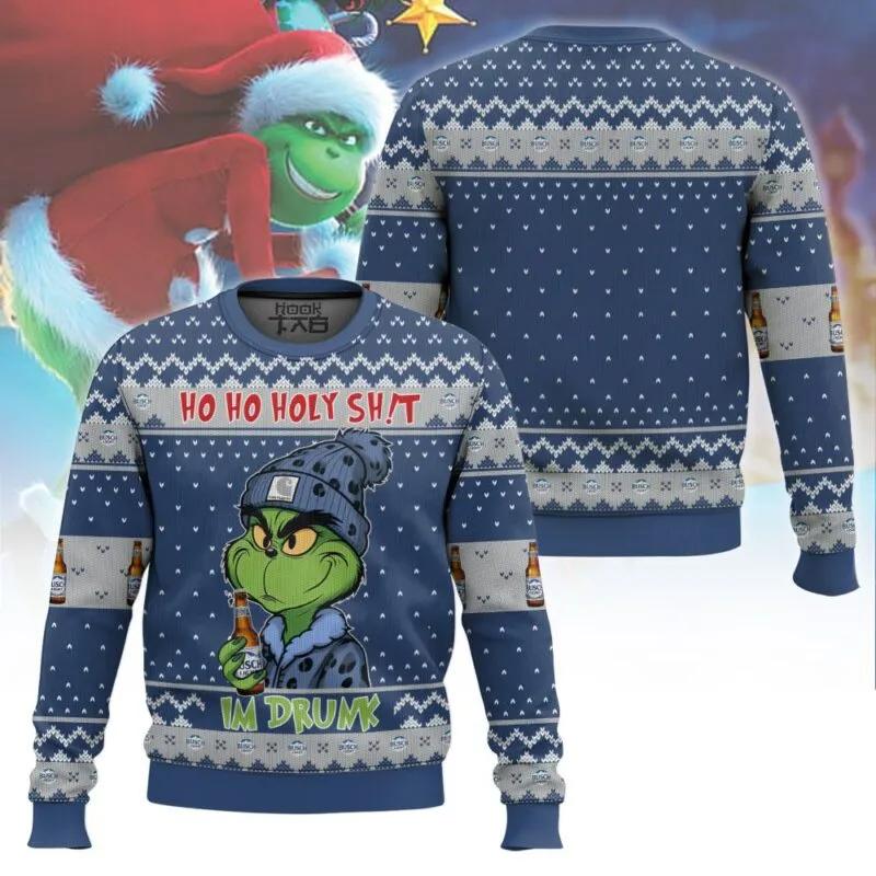 Ho Ho Holy Sh!t Im Drunk Busch Light Grinch Ugly Sweater, Grinch Holiday Sweater Moonbestprint