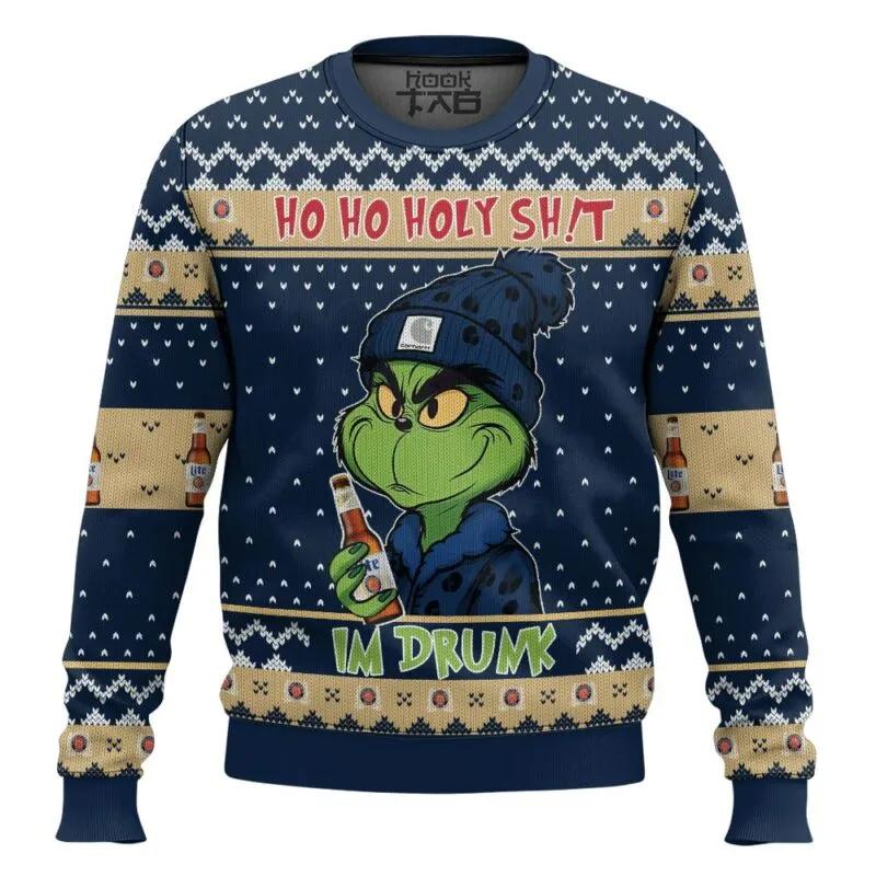 Ho Ho Holy Sh!t Im Drunk Miller Lite Grinch Ugly Sweater, Grinch Holiday Sweater Moonbestprint