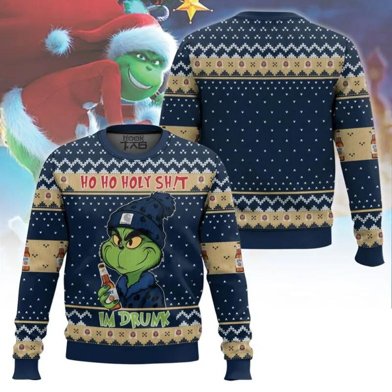 Ho Ho Holy Sh!t Im Drunk Miller Lite Grinch Ugly Sweater, Grinch Holiday Sweater Moonbestprint