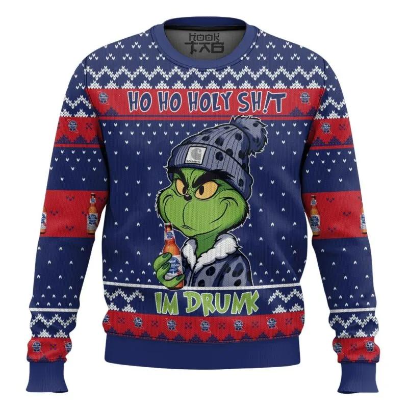 Ho Ho Holy Sh!t Im Drunk Pabst Blue Ribbon Grinch Ugly Sweater, Grinch Holiday Sweater Moonbestprint