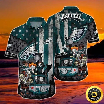 Horror Halloween Characters Philadelphia Eagles Hawaiian Shirt, NFL Hawaiian Shirt Moonbestprint