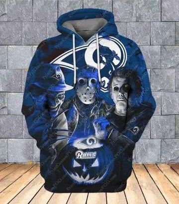 Horror Los Angeles Rams Jason Voorhees Freddy Krueger Michael Myers Halloween 3D Hoodie, NFL Hoodie Moonbestprint