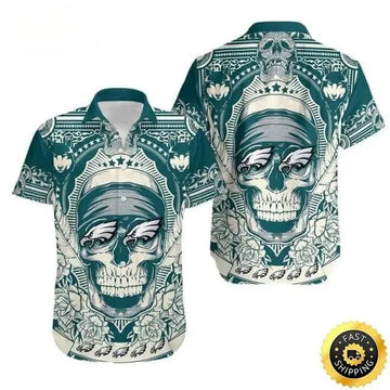 Horror Skull With Philadelphia Eagles Hawaiian Shirt, NFL Hawaiian Shirt Moonbestprint