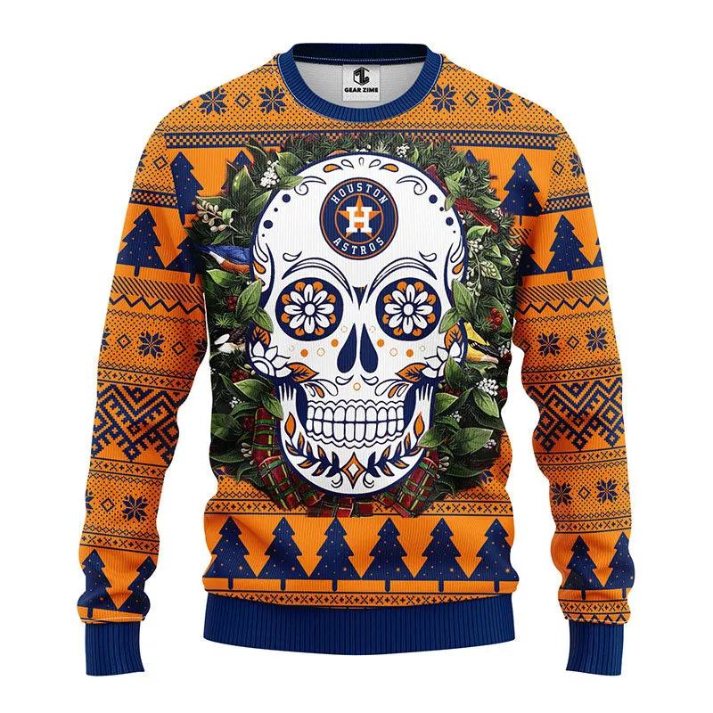 Houston Astros Skull Flower Ugly Christmas Sweater, MLB Christmas Sweater Moonbestprint