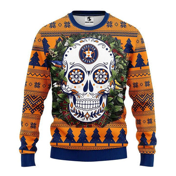 Houston Astros Skull Flower Ugly Christmas Sweater, MLB Christmas Sweater Moonbestprint