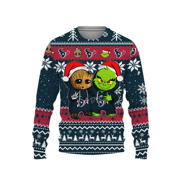 Houston Texans Baby Groot And Grinch Best Friends Ugly Christmas Sweater, NFL Christmas Sweater Moonbestprint