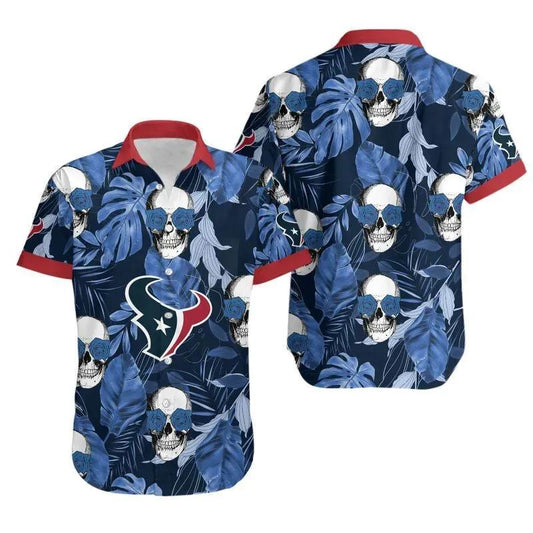 Houston Texans Coconut Leaves And Skulls Hawaii Shirt Summer Collection, NFL Hawaiian Shirt Moonbestprint
