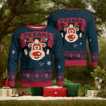 Houston Texans Cute Reindeer Ugly Christmas Sweater, NFL Chritsmas Sweater Moonbestprint