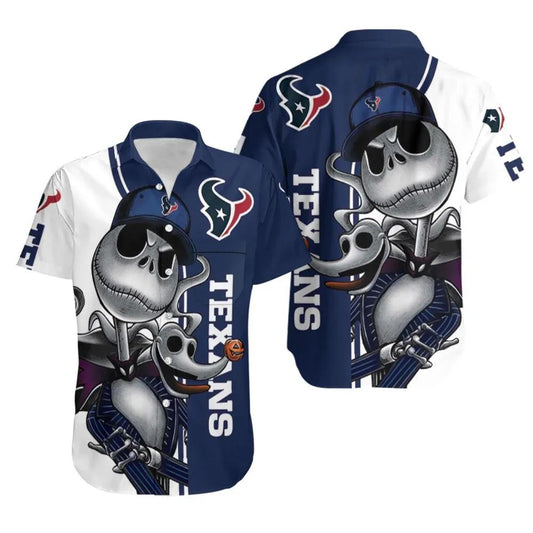Houston Texans Jack Skellington And Zero Hawaiian Shirt Print Short Sleeve Hawaiian Aloha Shirt, NFL Hawaiian Shirt Moonbestprint